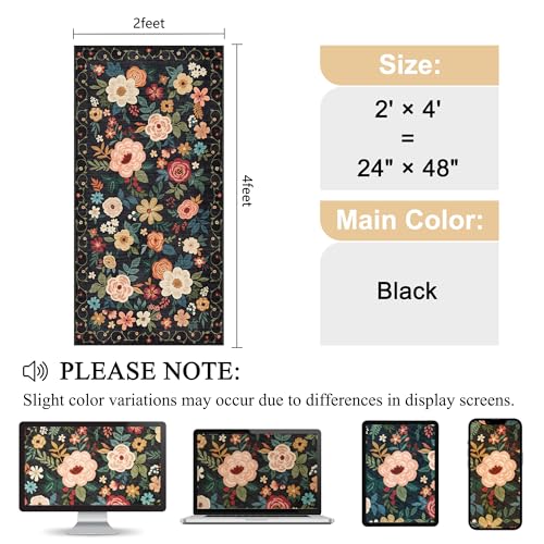 DUKINO 2x4 Rug for Entryway, Washable Kitchen Floral Runner Rug with Non Slip Backing, Low Pile Soft Boho Carpet for Kitchen, Hallway, Entryway, Laundry, Bedroom, Black - color: Black, size: 2' x 4' (Rectangular)