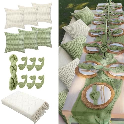 Beeveer 91 x 71 Extra Large Outdoor Boho Picnic Blanket with Sage Green Table Runner, 6 Throw Pillow Covers 6 Napkins Woven Cotton Yarn Oversize Beach Blanket Washable Picnic Camp Wedding - color: Sage Green