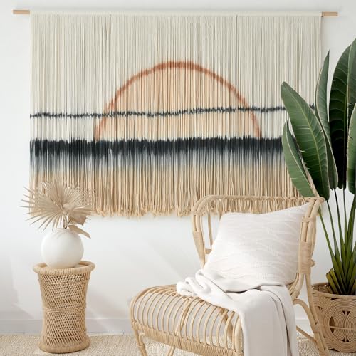 Jakalin Macrame Wall Hanging Large Sunset Dip Dye Boho Tapestry Handmade Woven Cotton Wall Art for Bedroom, Living Room, Above Bed Neutral Modern Minimalist Decor 57" Wx35 L - color: Black and Brown