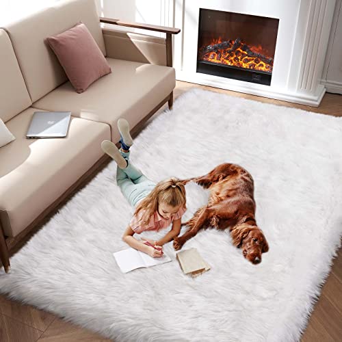 Fluffy Area Rug, White Faux Fur Rug for Bedroom 3'x5' Soft Shag Fuzzy Rugs for Living Room, Furry Bedside Nursery Rug Plush Indoor Floor Carpet for Kids Room Teen Dorm - color: White, size: 5' x 3' (Rectangular)