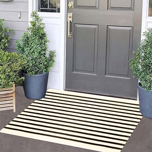 BUAGETUP Front Layered Door Mat 2'x3',Black and Beige Striped Outdoor Rug Machine Washable Cotton Outdoor Door MatEntryway Throw Rug for Indoor Entrance - color: Black Beige, size: 2' x 3' (Rectangular)