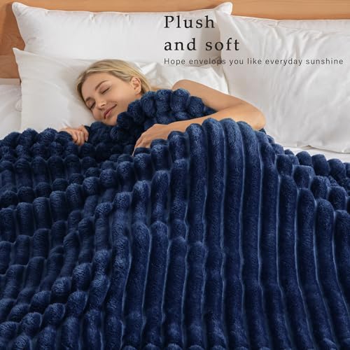 Exclusivo Mezcla Fleece Throw Blanket for Couch, Super Soft Striped Jacquard Bed Blanket, Lightweight Fuzzy Cozy for All Seasons, 50x60 Inches, Navy Blue - color: Navy Blue, size: Throw ( 50x60 IN )