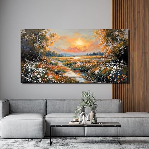 Canvas Wall Art Decor Vintage Wildflower Wall Art Prints Canvas Wall Art for Living Room Nature Landscape Art Work for Wall Decor River Sunset Artwork for Walls Bedroom Office Wall Art Decor 20" X 40" - color: XY-T, size: 40"L x 20"W
