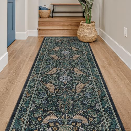 Hazo Haus Boho Vintage 2'6"x8' 8ft Hallyway Long Runner Rug - Non Slip Washable Front Door Rug Indoor Entrance, Kitchen, Bathroom, Low Pile & Soft Woodland Floral Kitchen Floor Mats - color: Blue, size: 2'6" x 8' (Runner)