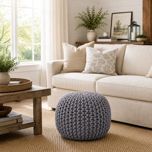 Casafield Round Pouf Ottoman, Dark Gray - 20" Diameter x 14.5" High Cotton Knit Foot Stool - Boho Floor Pouffe for Living Room, Bedroom, Home Office - color: Grey, size: 20"D x 20"W x 14.5"H
