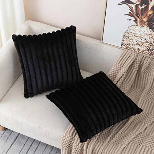 ZLINA Set of 2 Black Faux Fur Decorative Throw Pillow Covers Fluffy Striped Pillowcase Cushion Covers 18 x 18 Inch Decor Sofa Couch Bedroom - color: Black, size: 18" x 18" (Pack of 2)