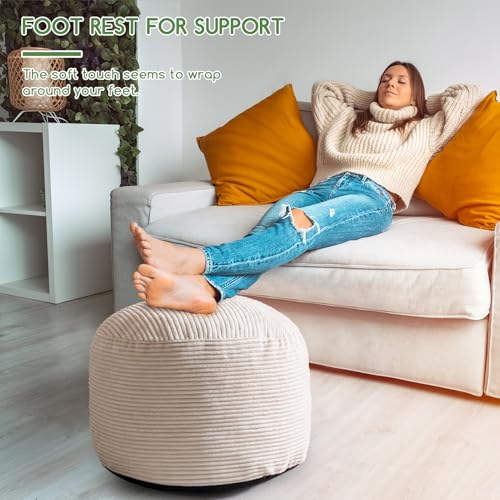 HIGOGOGO Round Stuffed Pouf Ottoman, Corduroy Poufs with Foam Chunk Filling, Furry and Fluffy Pouf Foot Stool Storage Ottoman, 26 X 18 Floor Poufs Foot Rest for Living Room, Beige - color: Beige, size: 26"D x 26"W x 18"H