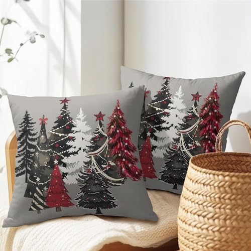 Christmas Tree Red Star Pillow Covers 16x16 Inches Red Green Xmas Tree Grey Throw Pillow Case Set of 2 Christmas Decorative Pillow Cover Cotton Linen Cushion Cover for Home Couch Sofa Livingroom - color: Grey Christmas Tree, size: 16" x 16" (Pack of 2)