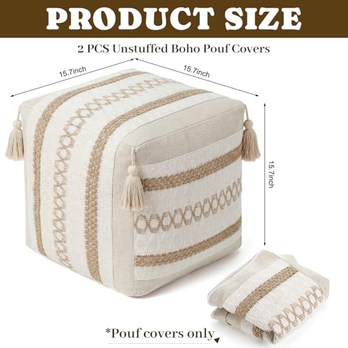Boao 2 Pcs Unstuffed Boho Ottoman Pouf Cover 16"x16"x16" Textured Storage Cube Bean Bag Pouffe Footrest Washable Storage Bean Bag Chair Floor Pouf Covers for Living Room Bedroom Indoor(Beige,Rattan) - color: Beige, style: Rattan