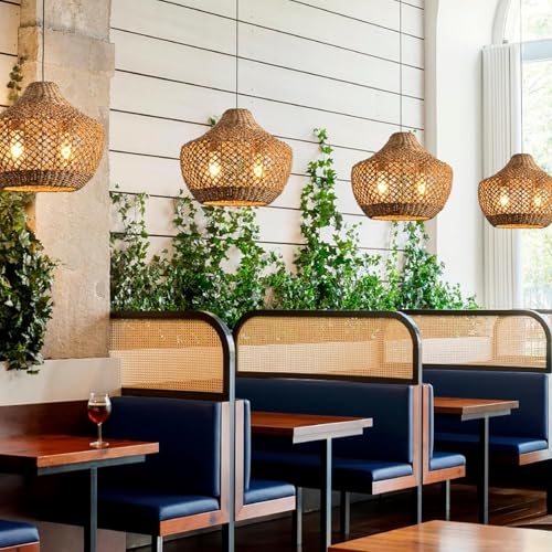 Hand-Woven Boho Rattan Chandelier Pendant Light Fixture - Brown Wicker Hanging Lamp for Kitchen Island, Dining Room, Bedroom, Foyer, Entryway, Porch or Restaurant Ceiling Lighting 15 Inch
