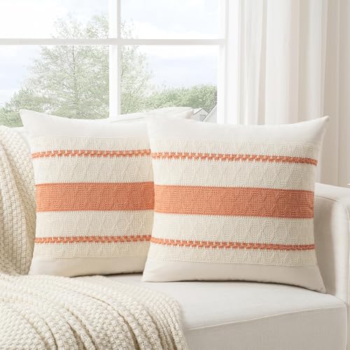 Fancy Homi Set of 1 Boho Coral Decorative Throw Pillow Cover 16x16 Inch for Couch Bed Sofa, Aesthetic Modern Organic Farmhouse Home Decor, Soft Cotton Cute Accent Macrame Woven Cushion Case - color: Coral, size: 16" x 16" (Pack of 1)
