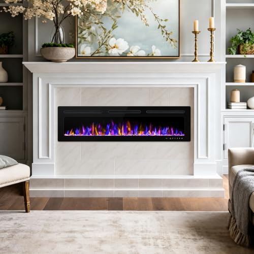 BETELNUT 68" Electric Fireplace Wall Mounted and Recessed with Remote Control, 750/1500W Ultra-Thin Wall Fireplace Heater W/Timer Adjustable Flame Color and Brightness, Log Set & Crystal Options - size: 68 Inch