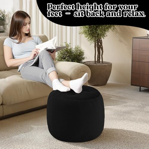 MeMoreCool Stuffed Round Pouf Ottoman Foot Rest, Floor Pouf Foot Stool with Soft Foam Chunk Filling, Round Small Ottoman Footstool Circle Footrest for Couch Living Room, Corduroy Black - color: Black