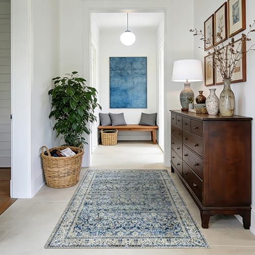3x5 Front Door Rug Indoor Entrance Blue Bathroom Rugs Non Slip Washable Soft Vintage Boho Distressed Low Pile Carpet with Rubber Backing Dark Blue Rugs for Kitchen Floor Laundry Room 3 x 5 - color: Blue, size: 3' x 5' (Rectangular)