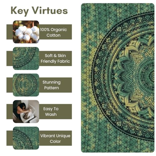 FURNISHFUL FINESSE Handmade Cotton Mandala Wall Tapestry - Green Ombre Boho Wall Decor, Indian Boho Bohemian Hippie Room Hanging for Bedroom, Dorm & Living Room Aesthetic - 84X90, Green - color: Green, size: 90"L x 84"W