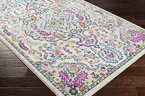 Hauteloom Errol Living Room, Bedroom Area Rug - Medallion Floral Border Distressed Damask - Traditional Oriental Turkish Boho Transitional - Pink, Aqua, Light Slate, Cream, Teal - 5'3" x 7'3" - color: Pink, Aqua, Light Slate / Errol, size: 5'3" x 7'3" (Re