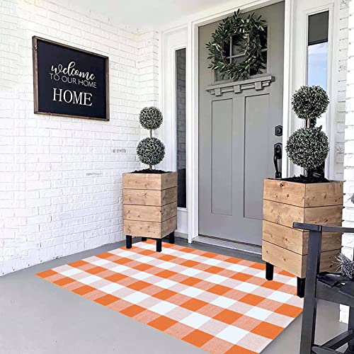 MUBIN Cotton Buffalo Plaid Rug, 3' x 5' Orange White Outdoor Rug Front Door Decorative Mat, Washable Halloween Doormat Foldable Area Rug Layered Door Mats Rug for Front Porch, Entryway, Patio - color: Orange White Plaid, size: 3' x 5' (Rectangular)