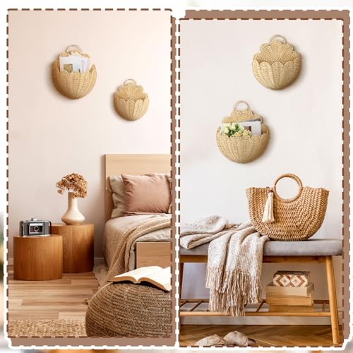 Domensi 4 Pcs Scalloped Wall Baskets Hanging Baskets 4 Different Sizes Large and Small Hand Woven Plastic Rattan Craft Original Storage Holder Scalloped Decor for Nursery Home House Bathroom