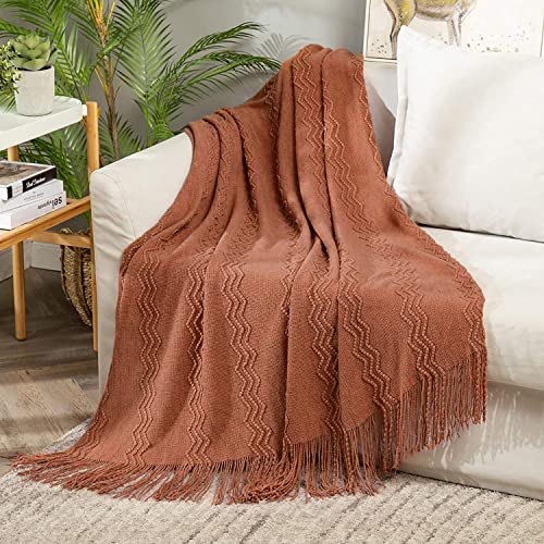 MIULEE Knitted Boho Throw Blanket for Couch Textured Knit Terracotta Rust Blanket with Tassels Cozy Woven Farmhouse Blanket for Sofa Bed Chair Wave Pattern Fall Decor 50"x60", Orange - color: Orange, size: 50" x 60"