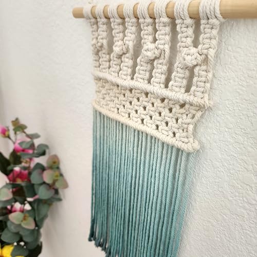 Ombre handmade Teal Macrame wall hanging, Bohemian Wall decor, Dip dyed wall tapestry, Beautiful natural cotton art piece with wooden dowel (Aqua Marine) - color: Aqua Marine