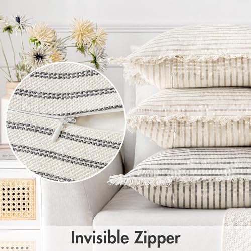 MIULEE Pack of 2 Gray Pillow Covers 20x20 Inch Striped Farmhouse Couch Throw Pillow Covers with Fringe Chic Linen Decorative Cushion Covers for Sofa Living Room Bed Outdoor Home Decor - color: Gray, size: 20" x 20" (Pack of 2)