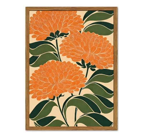 Framed Boho Floral Wall Art, Vintage Orange Flower Canvas Wall Decor Pictures, Mid Century Modern Abstract Botanical Paintings Prints Maximalist Home Decor for living Room Bedroom Office 12x16 inch - color: Orange Flower, size: 16"L x 12"W
