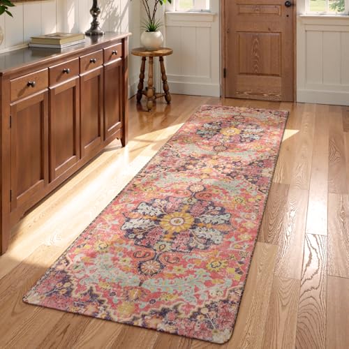 Lahome Reine Bohemian Washable 2x5 Hot Pink Kitchen Runner Rug, Non Slip Bathroom Laundry Room Rug Runner, Floral Medallion Soft Carpet Runners for Entryway Hallway Foyer Decor - color: Fuchsia/Multi, size: 2' x 5' (Runner)