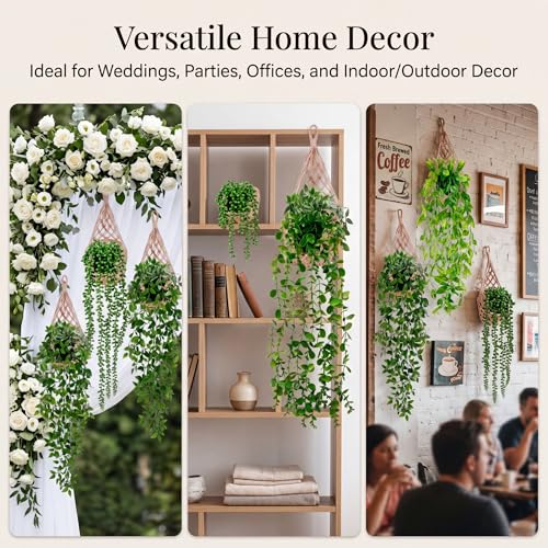 Giegxin 10 Set Fake Hanging Plant with Macrame Basket Summer Mini Artificial Macrame Plant Hanger with Woven Basket and Butterfly Ivy Faux Vines Eucalyptus Leaf for Indoor Home Wall Shelf Decor