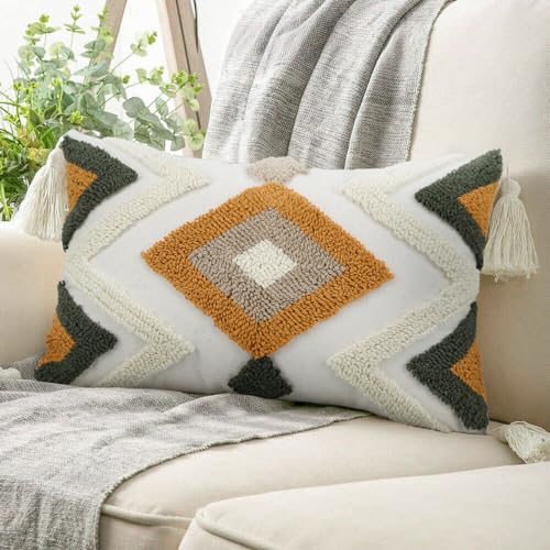 Woven Tufted Boho Throw Pillow Covers 12x20, Farmhouse Pillows Cover Cases Cushion with Tassels, Neutral Decorative Square Pillowcases for Couch Bed Sofa Living Room Bedroom Aesthetic Brown - color: Brown01, size: 20" x 12" (Pack of 1)