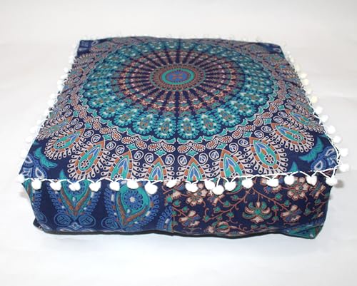 INDIAN CRAFT CASTLE Mandala Mandala Barmeri Large Floor Pillow Cover Cushion Meditation Seating Ottoman Throw Cover Hippie Decorative Zipped Bohemian Pouf Ottoman Cases (Blue, 16" Square) - color: Blue, size: 16"D x 16"W x 5"H
