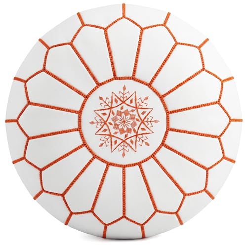 Marrakesh Gallery Genuine Leather Round Pouf Unstuffed - Moroccan Ottoman Footstool, Footrest Cover - Boho Decor - Bohemian Living Room, Bedroom, Kids Room, Gift & Wedding - color: White By Orange
