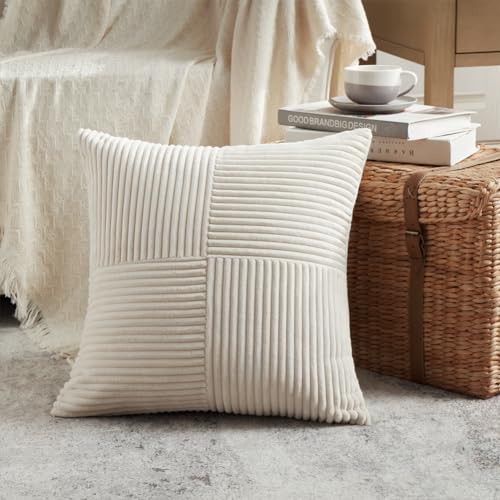 Fancy Homi 2 Packs Cream Samll Decorative Throw Pillow Covers 12x12 Inch with for Couch Bed Sofa, Rustic Farmhouse Boho Home Decor, Soft Corss Patchwork Corduroy Square Cushion Case 30x30 cm - color: Cream, size: 12" x 12" (Pack of 2)