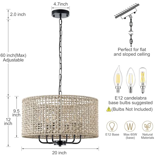 20" Rattan Hand-Woven Boho Wicker Chandelier - 6-Light Drum Farmhouse Oversized Vintage Pendant Light Fixture for Dining Room, Kitchen Island, Entryway (Black) - color: Black 6-Light 20" Drum