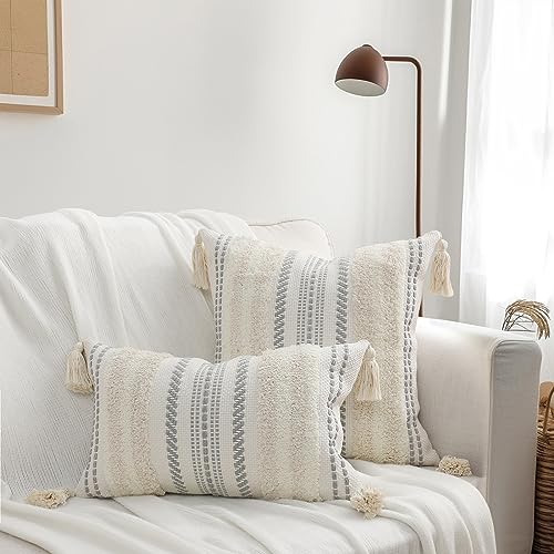 decorUhome Summer Decorative Boho Throw Pillow Cover 18x18, Accent Neutral Textured Tufted Pillow Cover Striped for Couch Bed Sofa, Beige and Cream White, Pack of 1 - color: Beige and Cream White, size: 18" x 18" (Pack of 1)