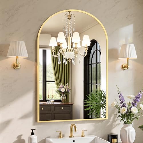 NEWBULIG 24X36 Inch Arched Bathroom Mirror for Wall, Vanity Bathroom Mirrors for Over Sink Tempered Glass, Anti-Rust Arched Metal Framed, Hangs Horizontally or Vertically, Farmhouse Home Decor, Gold - color: Gold-arched, size: 36"L x 24"W