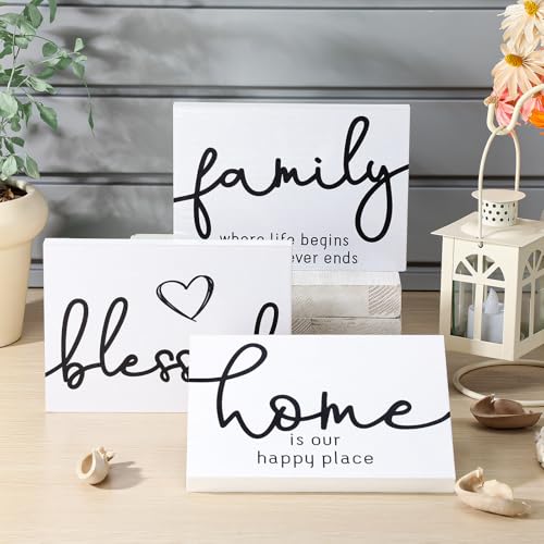 Jetec 3 Pcs Family Home Blessed Rustic Wood Sign Mini Wood Decorative Farmhouse Woodworks Table Shelves Decorations Sign for Bedroom Kitchen Living Room Table Decor(White,5 x 7 x 0.59 in) - color: White, size: 7 x 5 x 0.59 in