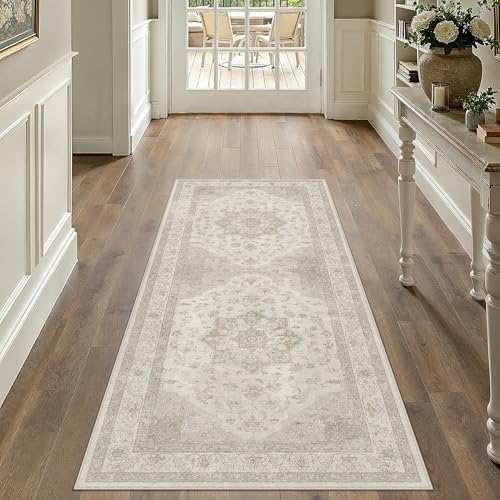 PureCozy Beige Area Rug 2x4 Washable Vintage Carpet Entryway Kitchen Soft Retro Low Pile Thin Door Mat Non Slip Oriental Medallion Throw Small Rug for Bathroom Office Bedroom Dining Room - color: Beige, size: 2' x 4' (Runner)