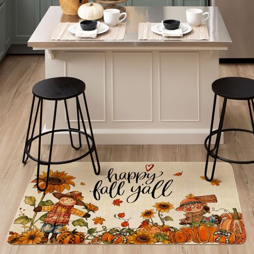 Fall Door Mat Outside,Happy Fall Y'all Scarecrow Pumpkins Welcome Mat for Front Door,Thanksgiving Autumn Doormat Indoor Outdoor Non-Slip Rugs for Farmhouse Home Porch Decorations 30" x 17" - color: Fall 5