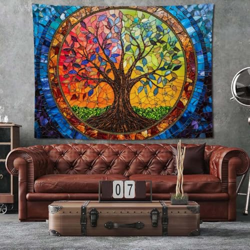 keowhsf Tree of Life Tapestry Wall Hanging – Colorful Stained Glass Look Wall Art with Fantasy Aesthetic, Large Tapestry for Bedroom, Living Room, Home Decor - color: TreeGlass, size: 60"L x 44"W
