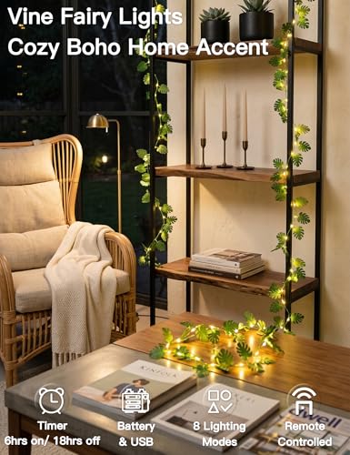 suddus Vines with Fairy Lights Battery & USB Powered Operated, 33ft 100 LED Monstera Leaves String Lights with Remote, Artificial Plants for Indoor, Bedroom, Wall, Party Tropical Decor(Warm White) - color: Monstera, size: 100 LED-Battery-Copper