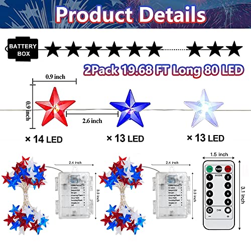 Couah 2 Pack 80 LED Red White and Blue Lights Battery Operated 20 FT 4th of July Patriotic Fairy Lights Indoor Outdoor Camping Party Patriotic Memorial Day Independence 4th of July Decorations - size: 20FT