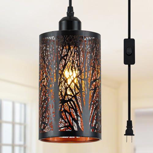 Industrial Black Plug in Pendant Light Vintage Mini Black Gold Hanging Lighting Rustic Hollow-Carved Cylinder Plug-in Pendant Light for Kitchen Island, Bedroom, Dining Room, Hallway - color: Black & Gold Plug-in