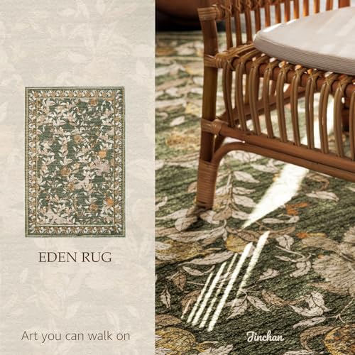 jinchan Eden Floral Washable Area Rug 3x5 Entryway Rug Vintage Lightweight Soft Non-Slip Indoor Low Pile Distressed Green Carpet for Living Room Kitchen Bedroom Entrance Laundry Nursery - color: Eden Green, size: 3' x 5' (Rectangular)