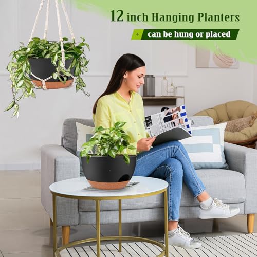 Hanging Planters for Outdoor Indoor Plants, 2 Pack 12 Inch Hanging Basket Plants Outdoor, Self Watering Hanging Planter with Plant Hanger for Garden Home Decoration (Black) - color: Black, size: 12 Inch