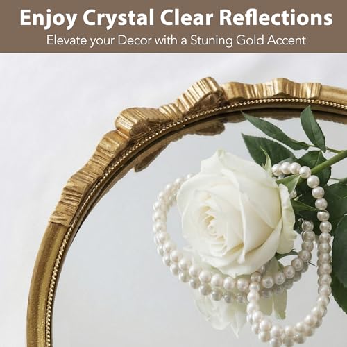 Vintage Gold Round Bow Mirror 28" – Decorative Metal Frame Circle Mirror with Beaded & Beveled Design, Antique Baroque Wall Mirror for Living Room, Bedroom, Bathroom, Entryway - color: Bow - 28"l X 28"w