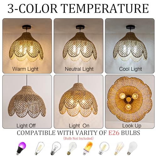 Rattan Pendant Light Fixtures,18.11" Boho Seagrass Pendant Light,3-Light Hand Woven Water Plants Rattan Chandelier for Dining Living Bedroom Kitchen Farmhouse - color: Black, size: 18.11" 3-Light