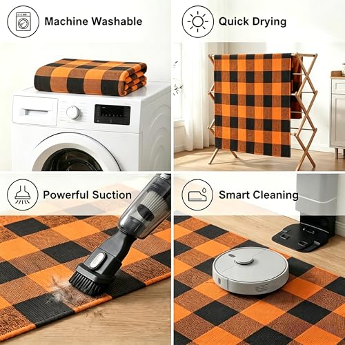 MUBIN Cotton Buffalo Plaid Rug, 3' x 5' Orange Black Outdoor Rug Front Door Decorative Mat, Washable Halloween Doormat Foldable Area Rug Layered Door Mats Rug for Front Porch, Entryway, Patio - color: Orange Black Plaid, size: 3' x 5' (Rectangular)