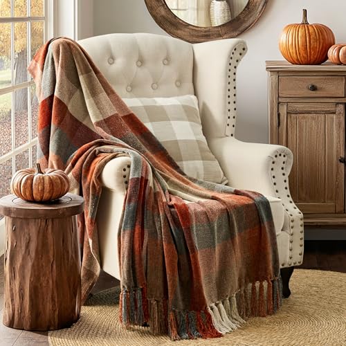 EverGrace Plaid Chenille Throw Blanket for Couch, Super Soft Cozy Decorative Fall Throw Blanket with Tassels for Bed Sofa Gift, Lightweight Harvest Plaid Throw Blanket for Autumn 50”x60” - color: Plaid Harvest Orange, size: 50"x60"