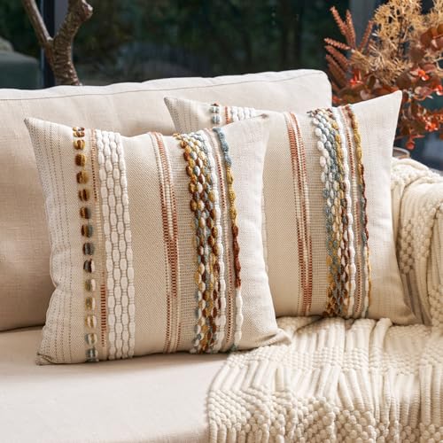 Aeckself Boho Throw Pillow Covers 18x18 Inch Set of 2, Farmhouse Decorative Striped Square Pillow Covers Chenille Tufted Pillow Cases Accent Neutral Pillowcase for Living Room Couch Bed, Orange White - color: Orange White