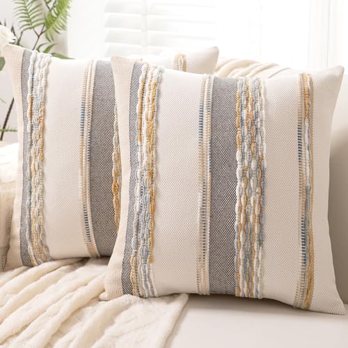 Boho Throw Pillow Covers 18x18 Set of 2 Farmhouse Decorative Cushion Case Striped Square Pillows Cover Chenille Pillow Cases Accent Neutral Pillowcase for Sofa Couch Bed,Orange-Gray - color: Orange-gray Stripe